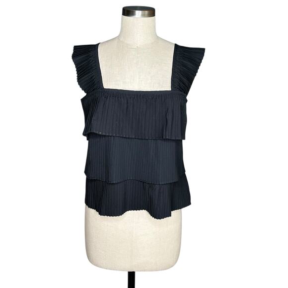 J CREW Black Pleated Square Neck Tank Top Women's Size Medium Basics Preppy - Picture 1 of 6